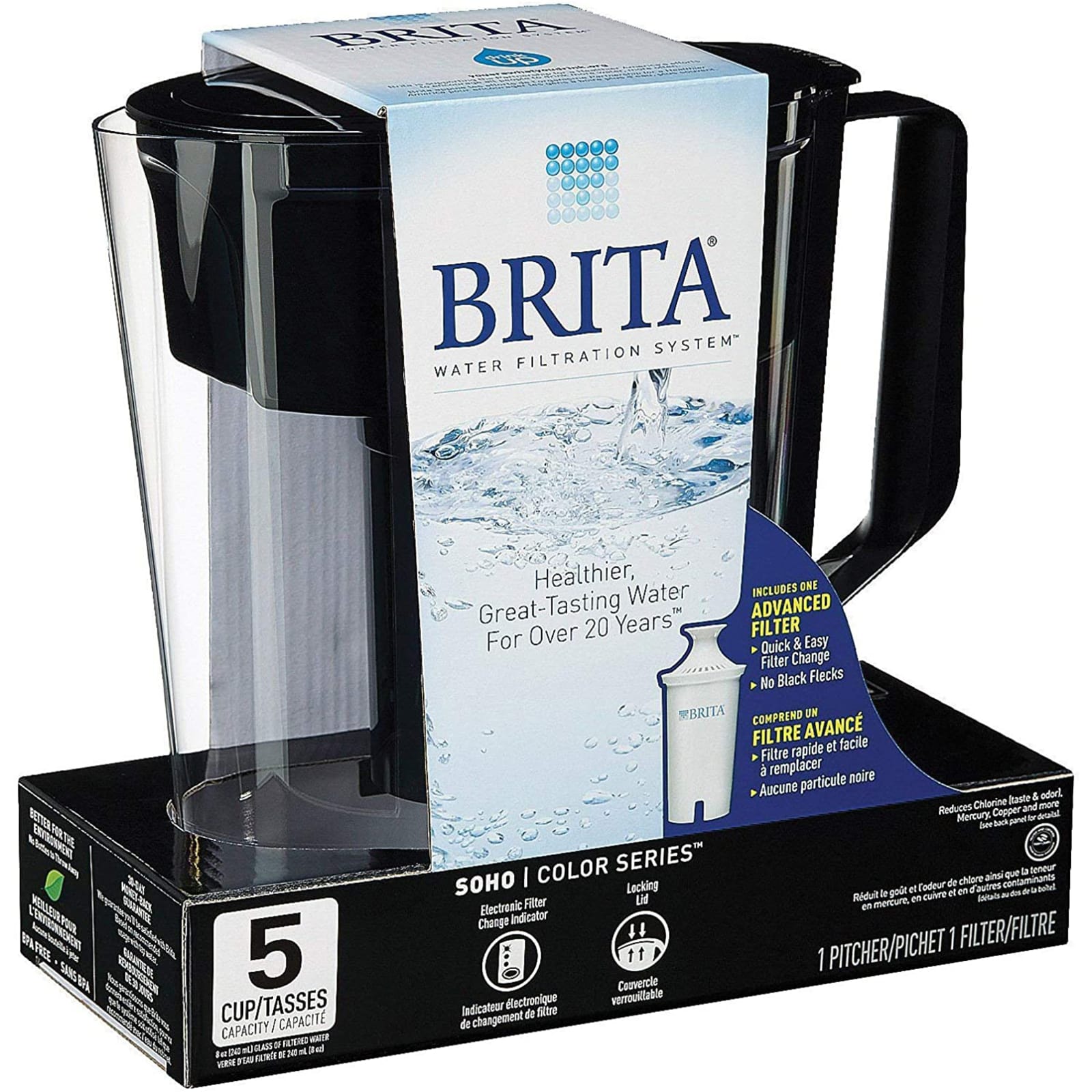 Brita Soho 5 Cup Pitcher With Filter Black BPA Free Water Filtration System  NEW