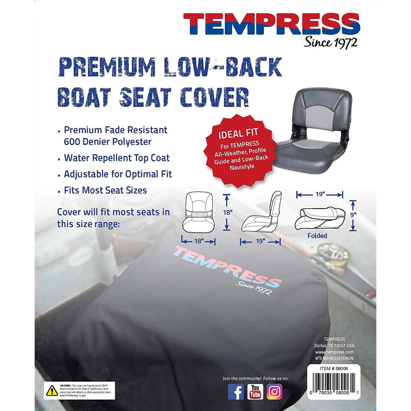 18 in x 18 in x 19 in Black Premium Low-Back Boat Seat Cover by