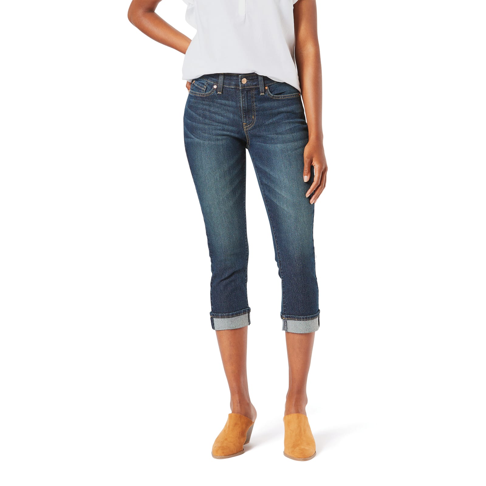 Signature By Levi's Women's Blue Laguna Mid-Rise Stretch Denim Cuff Capris  by Signature By Levi's at Fleet Farm