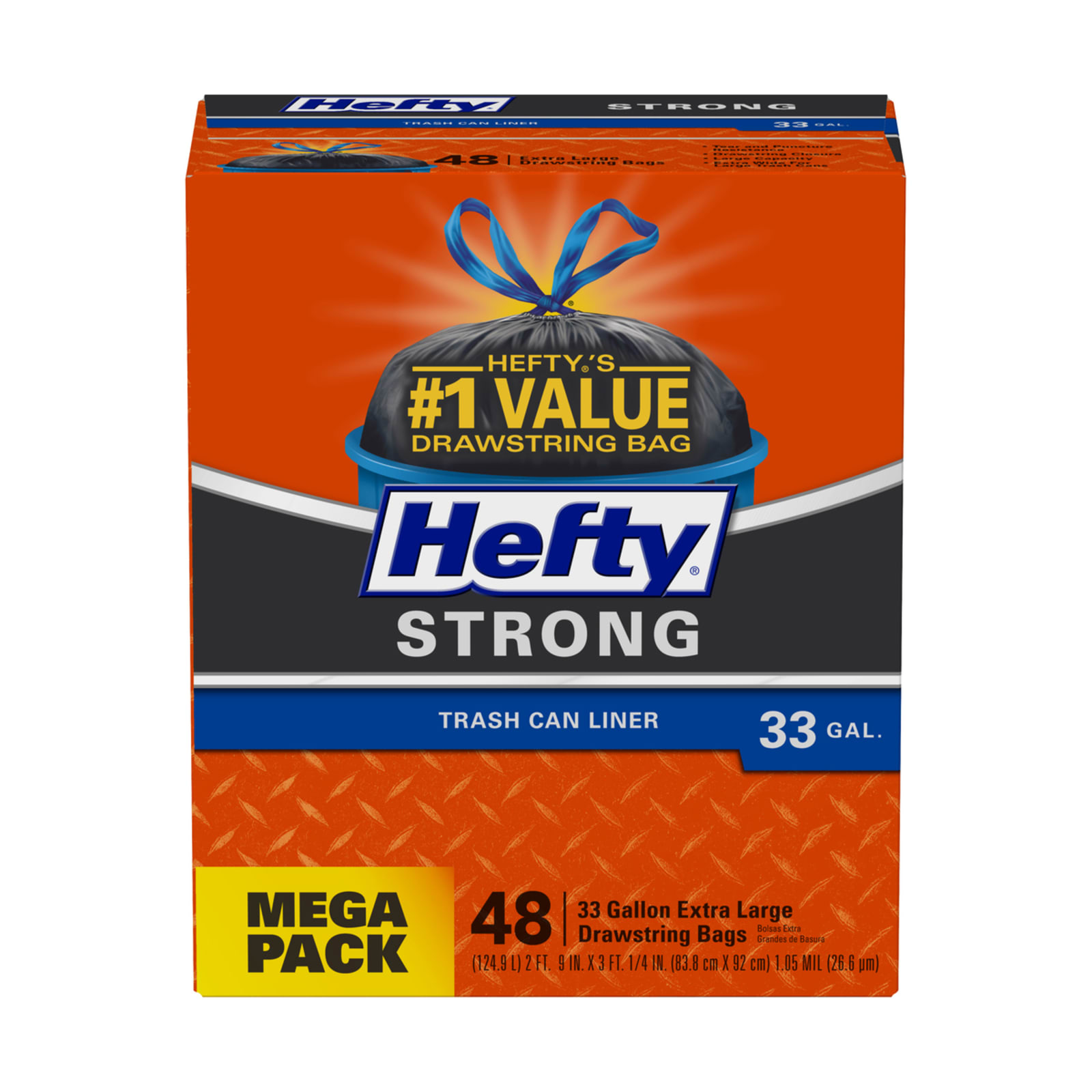 Hefty Strong Trash Bags, Trash Can Liner, Drawstring, Extra Large, 33 Gallon, Strong, Mega Pack - 48 bags