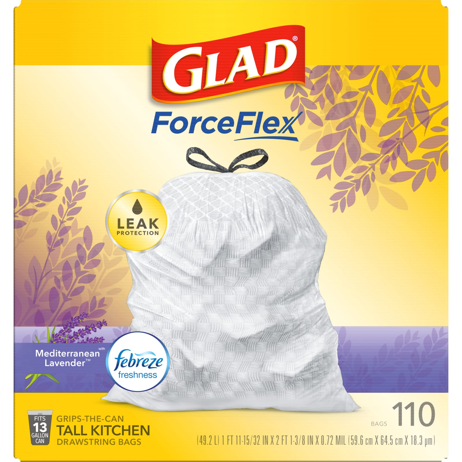 Glad ForceFlex Kitchen Bags, Tall, Drawstring, Mediterranean Lavender, 13 Gallon - 110 bags