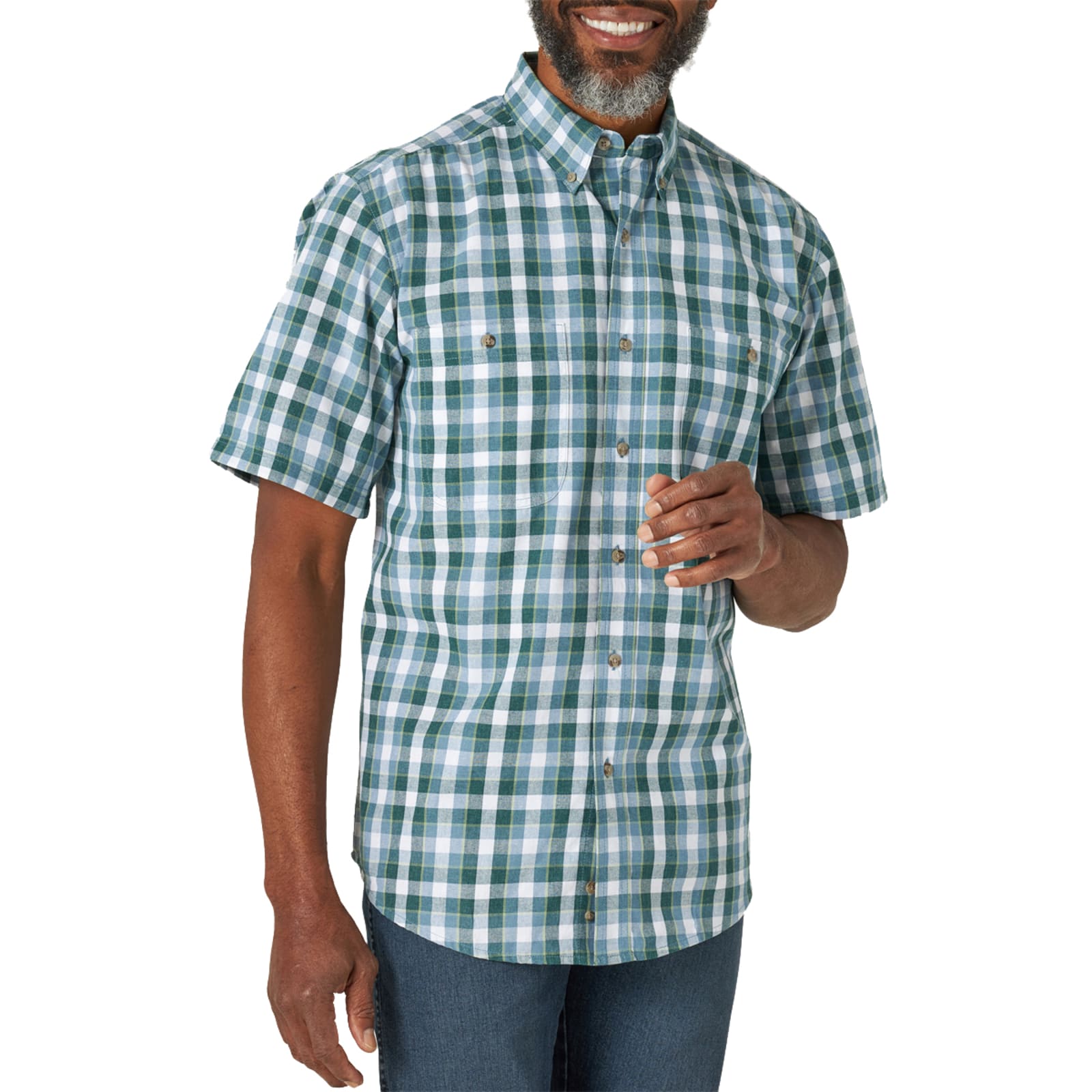 Men's Classic Green/Blue Plaid Button Front Short Sleeve Shirt by