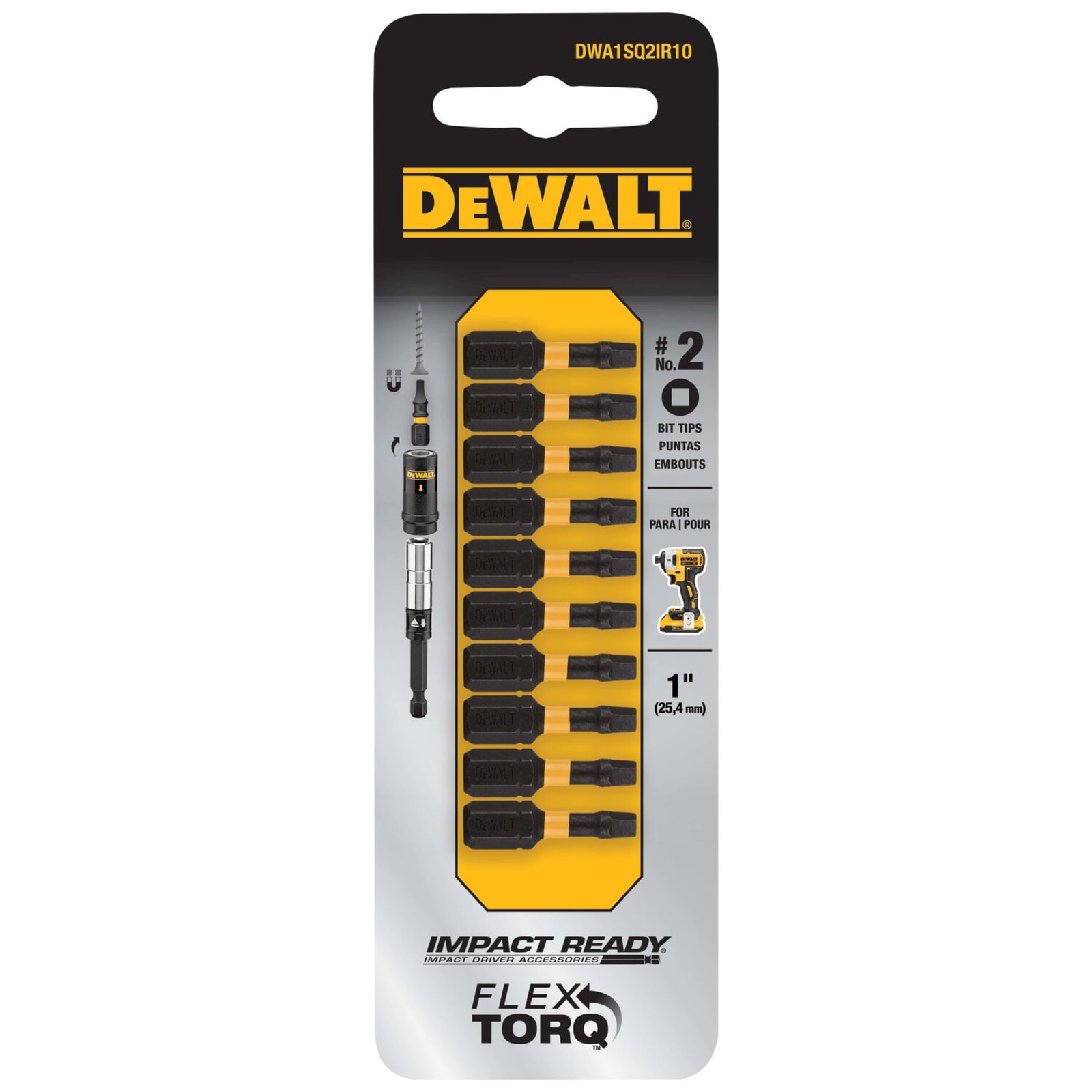 DEWALT Impact Driver Set FlexTorq - Mixed Square/ Phillips Bits - 2'' -  10/Pack (DWA2MX2IRCARC)