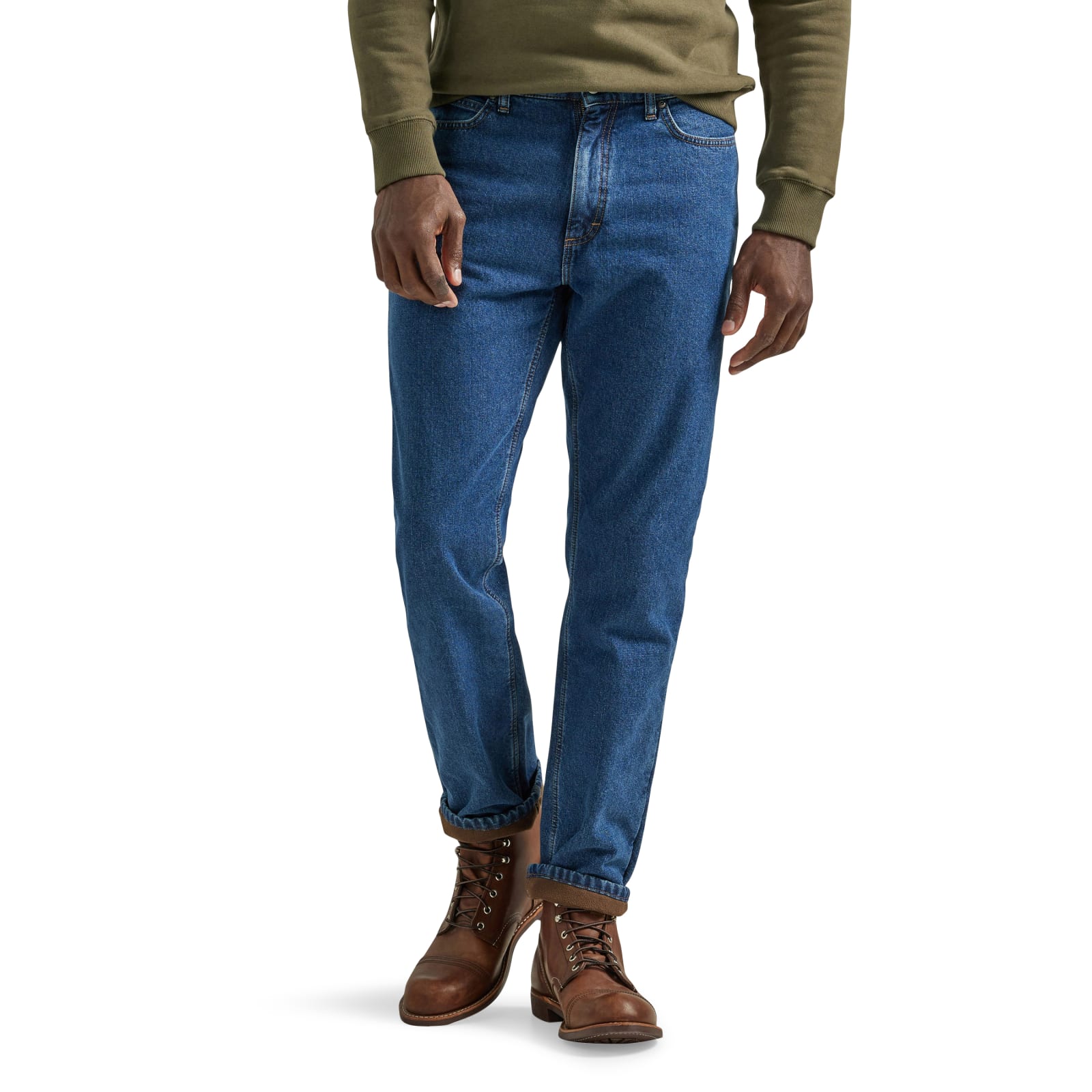 Men's Relaxed Fit Flannel and Fleece Lined Straight Leg Jean in Flannel  Lined Teak