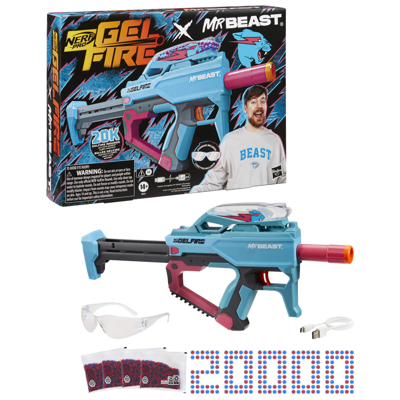  Nerf Pro Gelfire X MrBeast Full Auto Blaster & 20,000 Gelfire  Rounds, 300 Round Hopper, Rechargeable Battery, Eyewear, Ages 14 & Up :  Toys & Games