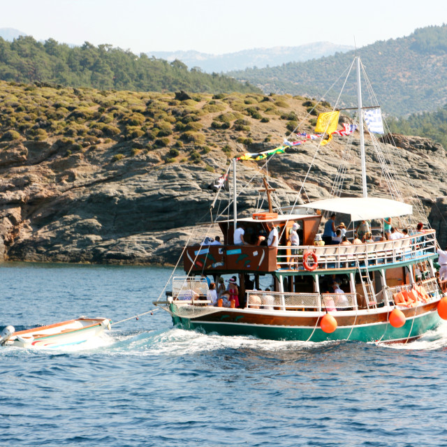 "Tourist boat on mini cruise around Thassos island, Greece" stock image