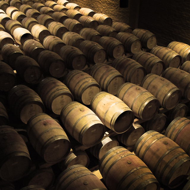 "Wine maturing in oak barrels" stock image