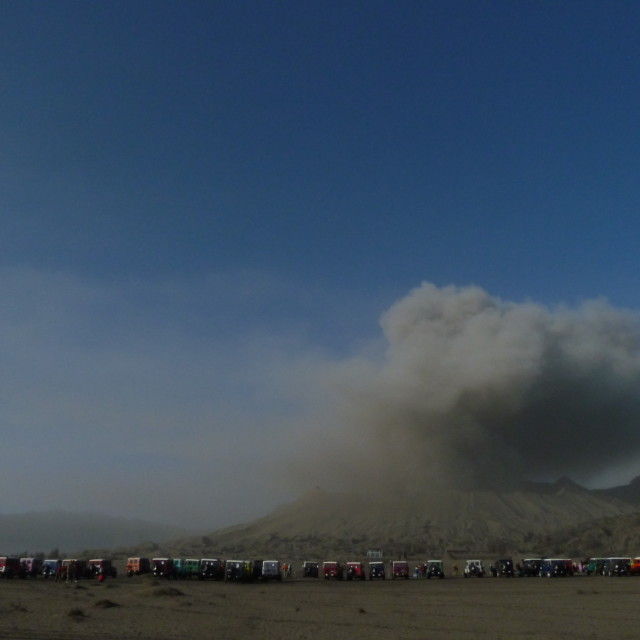 "Mt Bromo and jeeps" stock image