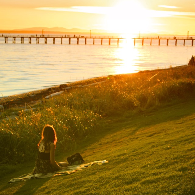 "White Rock Beach Girl Sunset" stock image