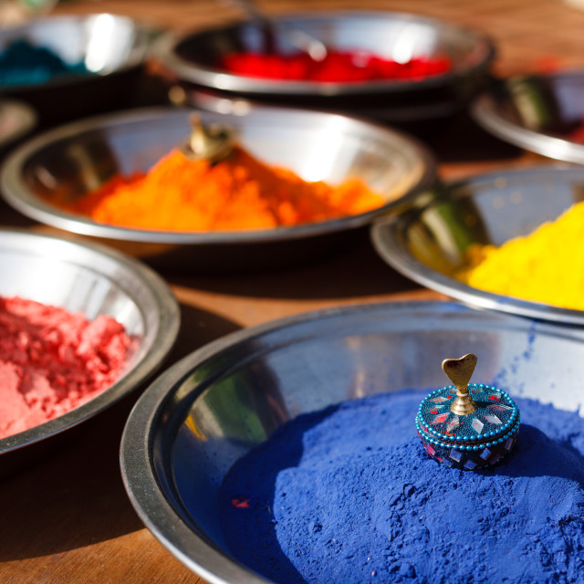 "Colored colorful powder kumkum on Indian bazaar for holi festival celebration" stock image