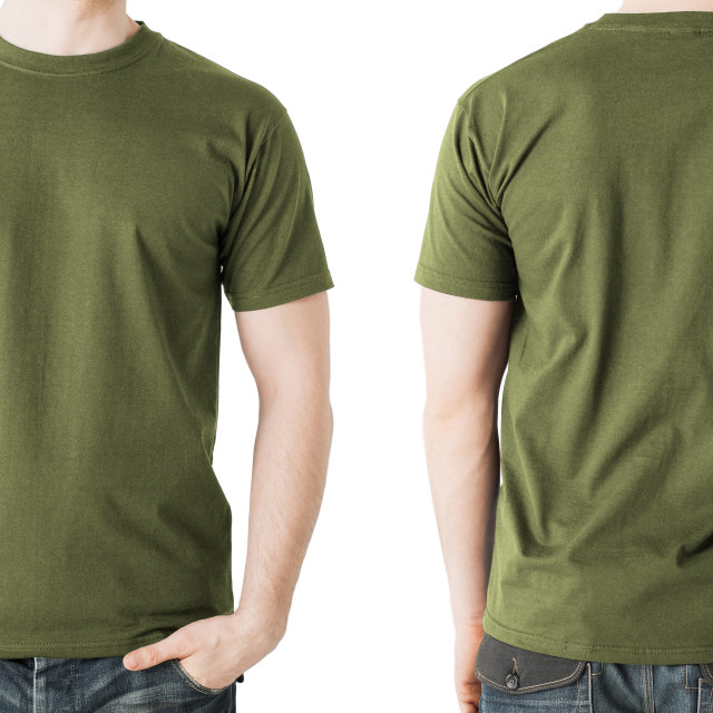 man in blank khaki t-shirt, front and back view - License, download or ...