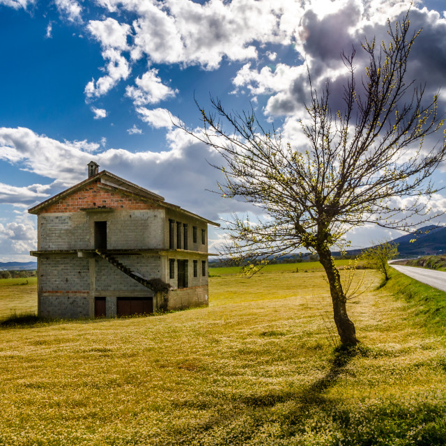 "Detached house in the meadow next to the road." stock image