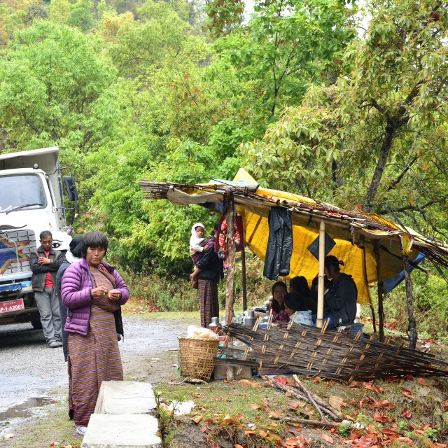 "Makeshift Tea-stall at a roadblock, Bhutan" stock image