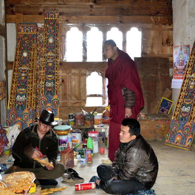 "Artist in action in Gangtey Monastery, Bhutan" stock image