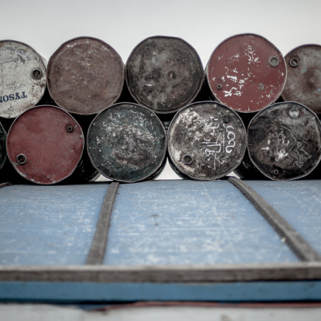 "barrels on boat" stock image