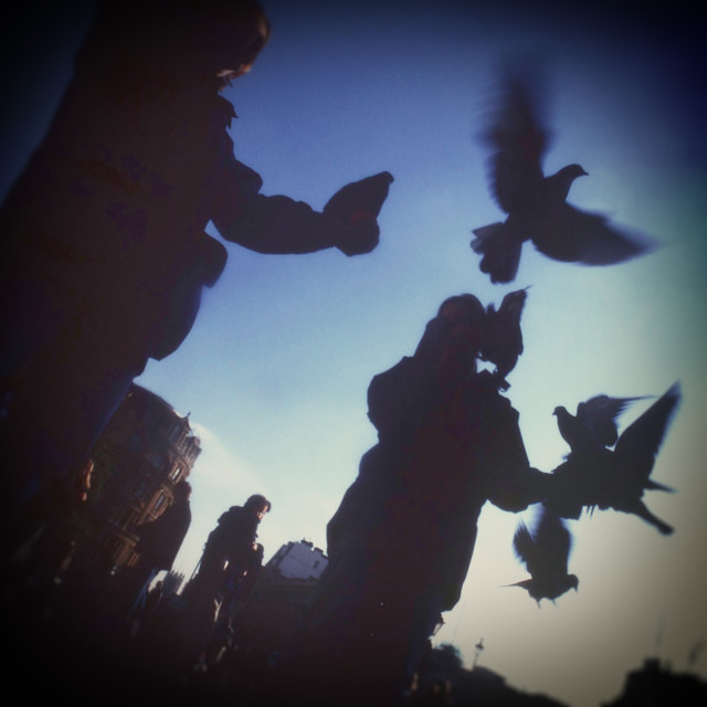 "Tourists Feeding Pigeons in Trafalgar Square" stock image