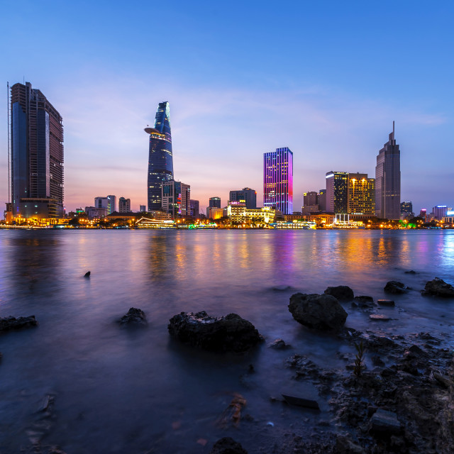 "Cityscape of Saigon river at downtown of Ho Chi Minh city, Vietnam in sunset" stock image