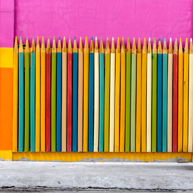 "Crayons. Colored Pencils. Colored pencils on white background and wood chips" stock image