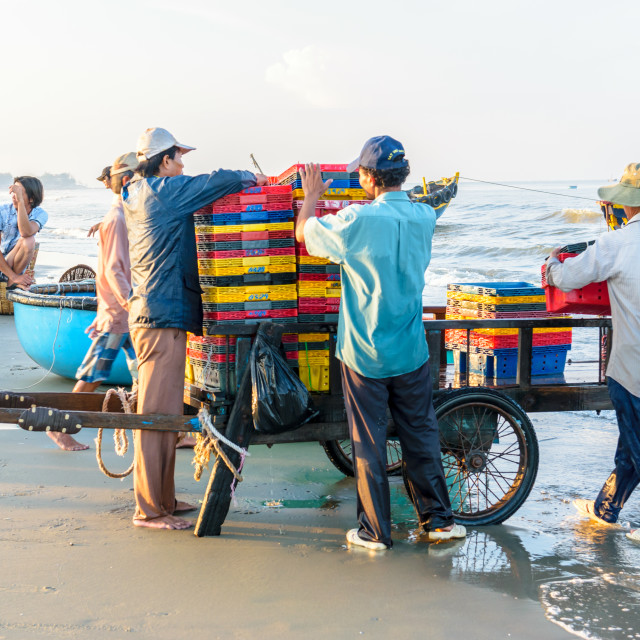 "People's daily life at fishing village Long Hai, they collecting fresh fishes from boat and open up a market in the early morning" stock image