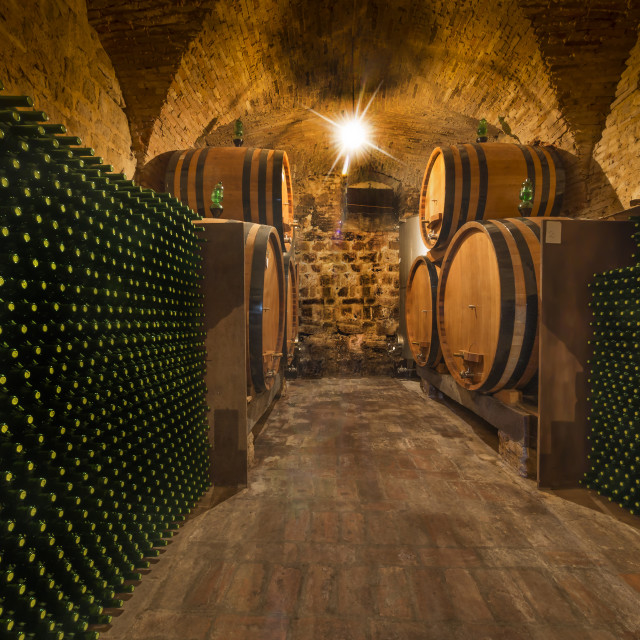 "Wine bottles and barrels" stock image