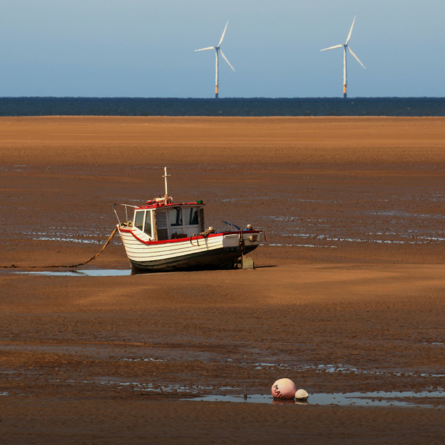 "Offshore Wind Turbines with fishing boat" stock image