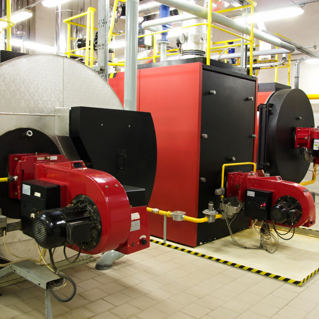 "Gas boilers in gas boiler room for steam production" stock image