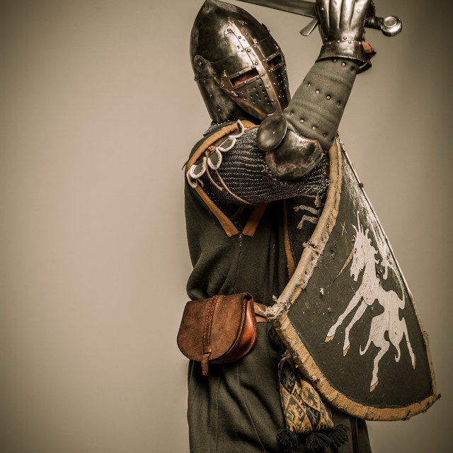 "Medieval knight with sword and shield" stock image