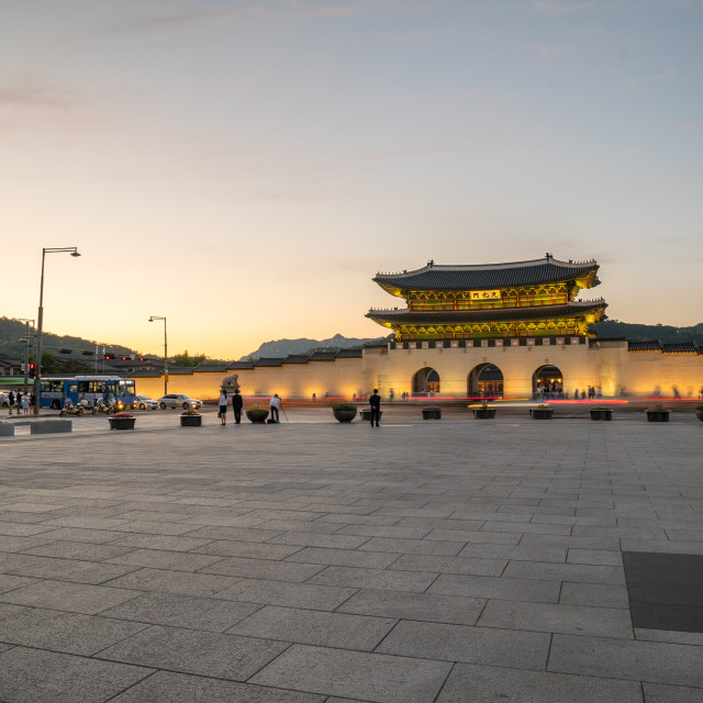 "Gwanghwamun Gate, Gyeongbokgung Palace in Seoul, South Korea during sunset." stock image