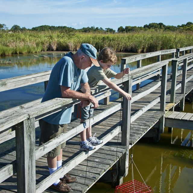 Grandfather and boy crabbing from a dock, Outer Banks, North Carolina