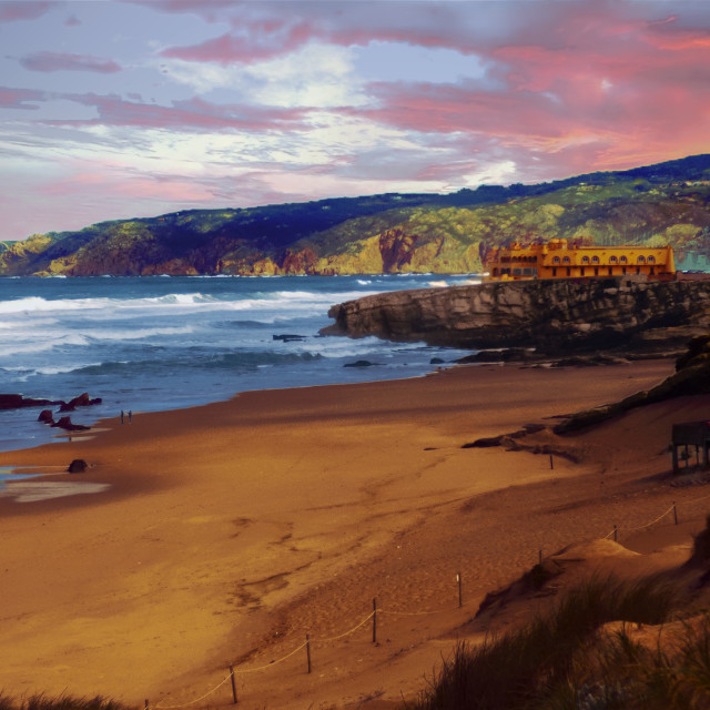 "View of the beach and rock formation on the horizon" stock image