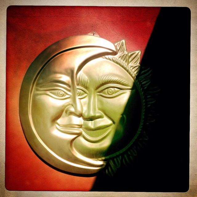 "A folk art of the sun and the moon decorates a restaurant in Teotihuacan, Mexico" stock image
