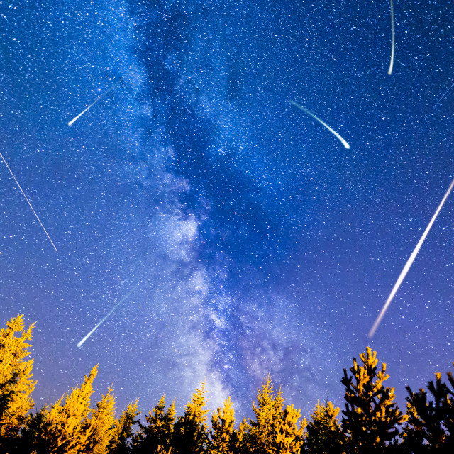 "Falling stars pine trees Milky Way" stock image