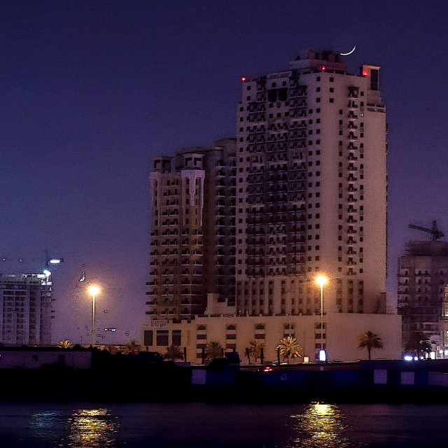 "Dubai skyline at night" stock image