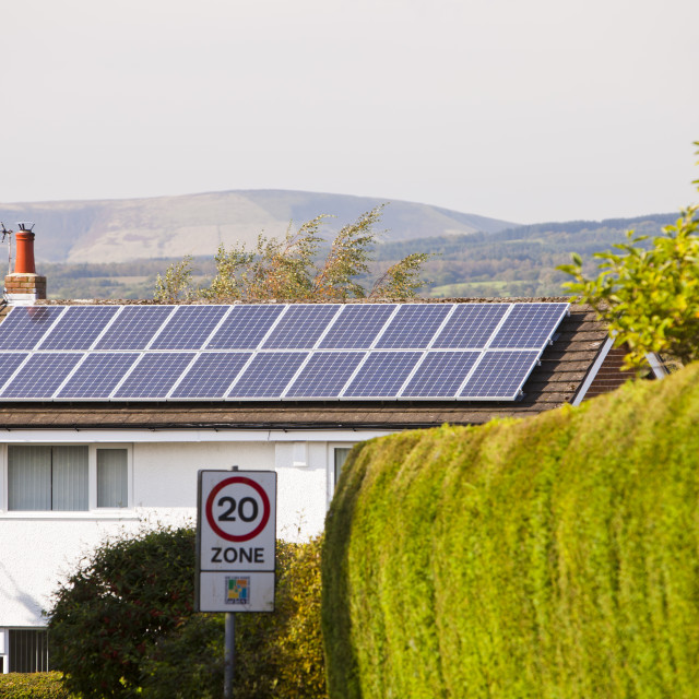 "Solar electric panels on a house roof in clitheroe, Lancashire, UK." stock image