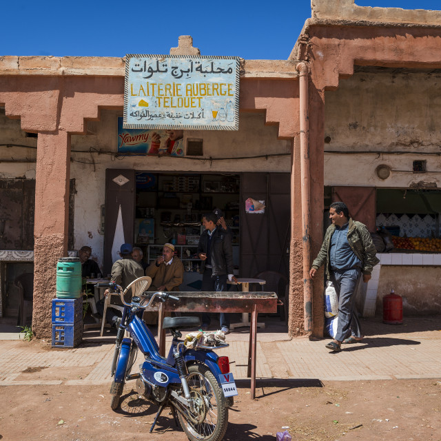 "Telouet, Morocco - April 14, 2016: People in front of shops in the village of Telouet in the High Atlas Region of Morocco" stock image