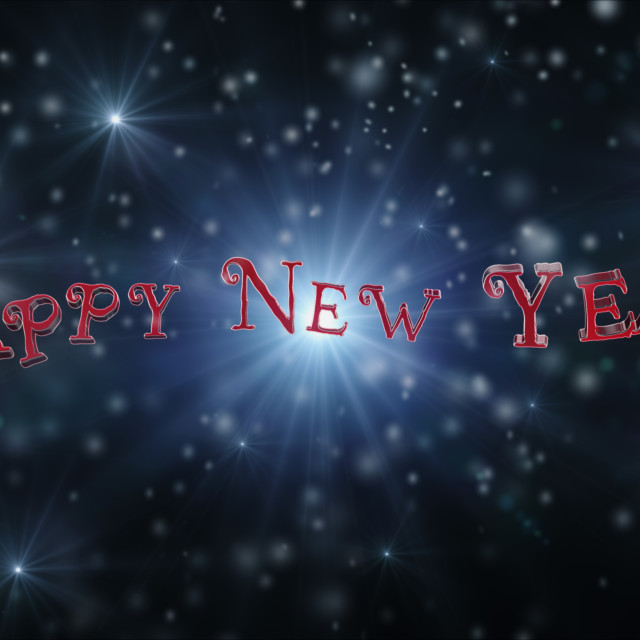 "Happy New Year Text On Black Backround Full of Snow, Stars and Light" stock image