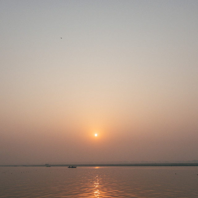 "Sunrise along the Ganges, Varanasi." stock image