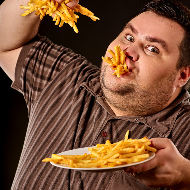 Fat Man Eating Fast Food French Fries For Overweight Person