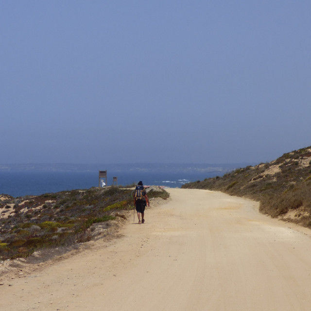 "traveler walking on a sand road near the sea" stock image