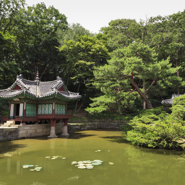 "Huwon, The Secret Garden, pavillions around a square lily pond, Changdeokgung..." stock image