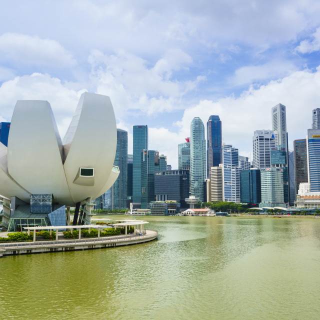 "The lotus flower shaped ArtScience Museum overlooking Marina Bay and the..." stock image