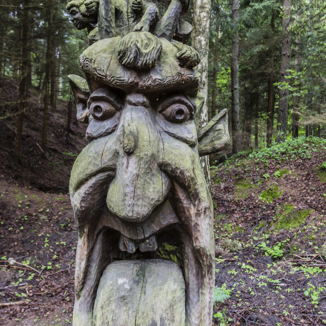 "Wood carvings from traditional folklore at The Hill of Witches on the Dano..." stock image