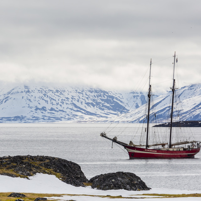"The exploration ship Northern Lights at anchor in Varsolbukta, Bellsund,..." stock image