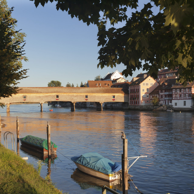 "Historic wooden bridge over the Rhine River, Diessenhofen, Canton..." stock image
