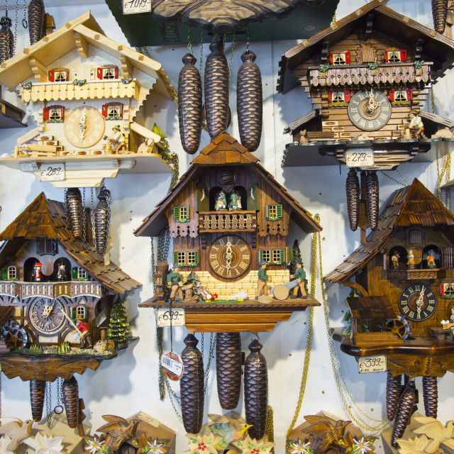 "Traditional cuckoo clocks on sale in Geschenkehaus shop in the town of..." stock image