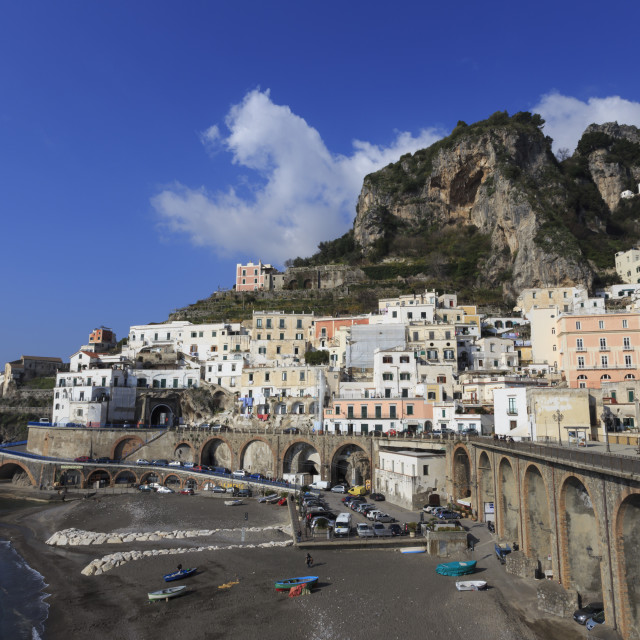 "Atrani beach front, near Amalfi, Costiera Amalfitana (Amalfi Coast), UNESCO..." stock image