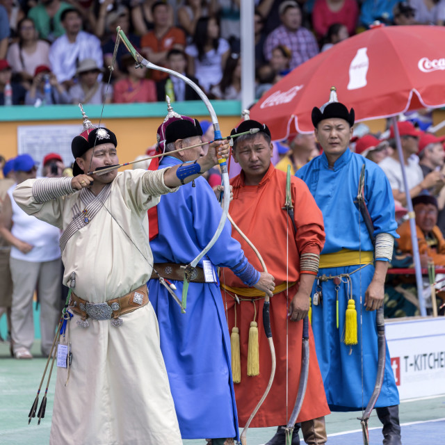 "Line up of male archers, National Archery Tournament, Archery Field, Naadam..." stock image