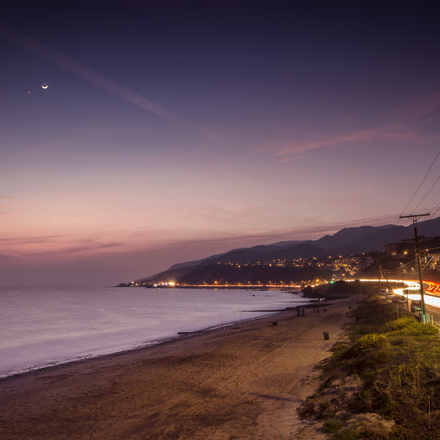 "Sunset on Will Rogers Beach and the Pacific Coast Highway, Pacific Palisades,..." stock image