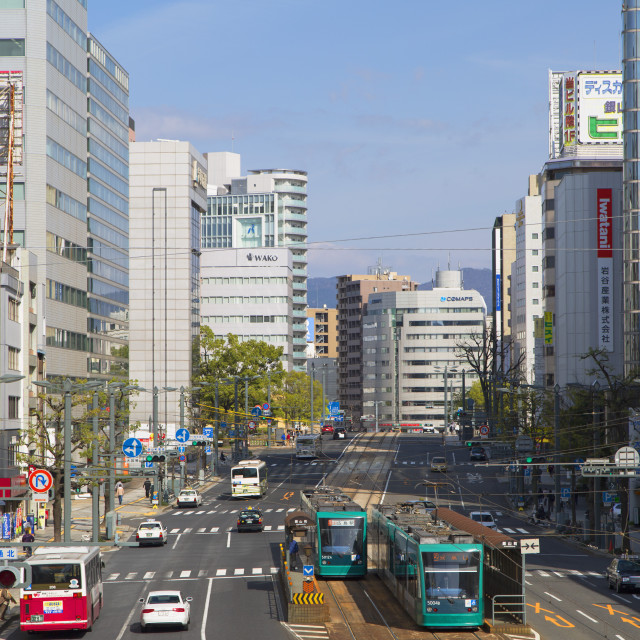 "Trams and traffic, Hiroshima, Hiroshima Prefecture, Japan, Asia" stock image
