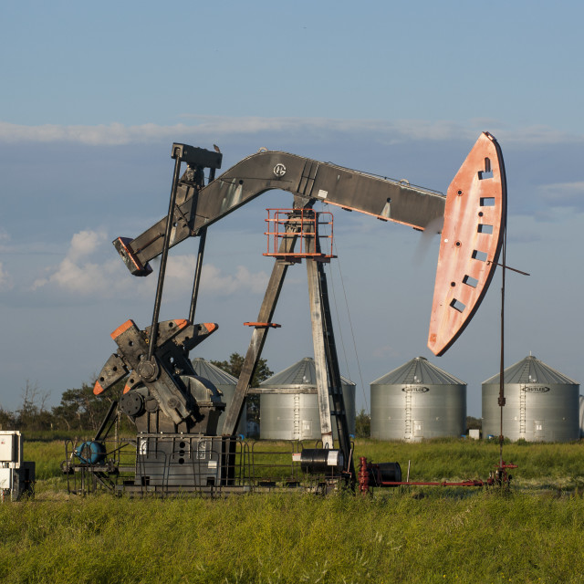 "Oil rig on a field, Saskatchewan, Canada, North America" stock image